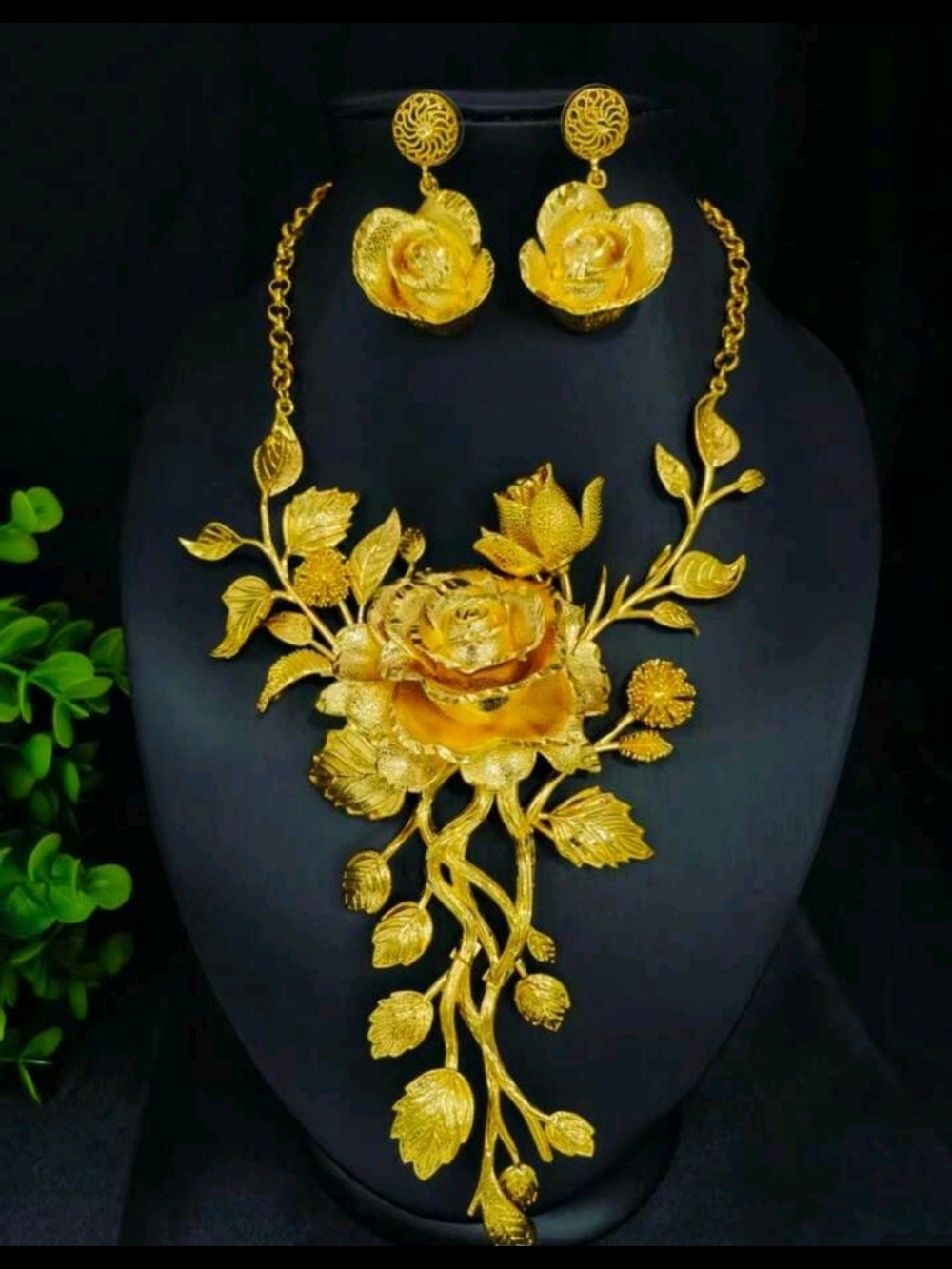 Gold Floral Statement Necklace and Earrings Set